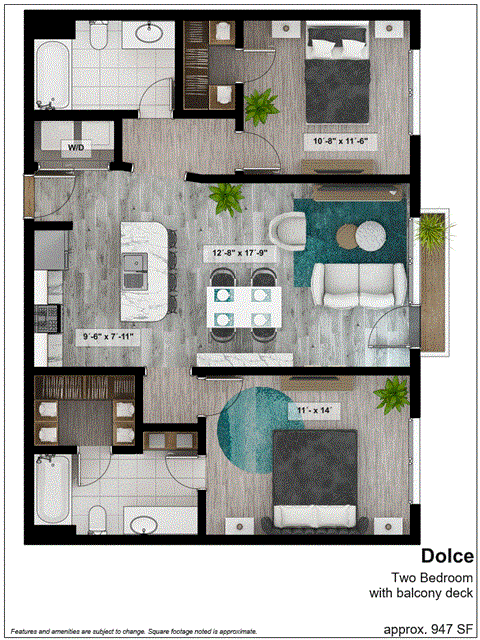 the floor plan of dolce two bedroom villa with balcony